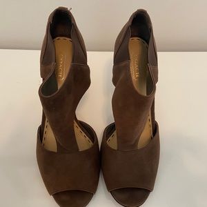 Coach brown suede peep toe heels